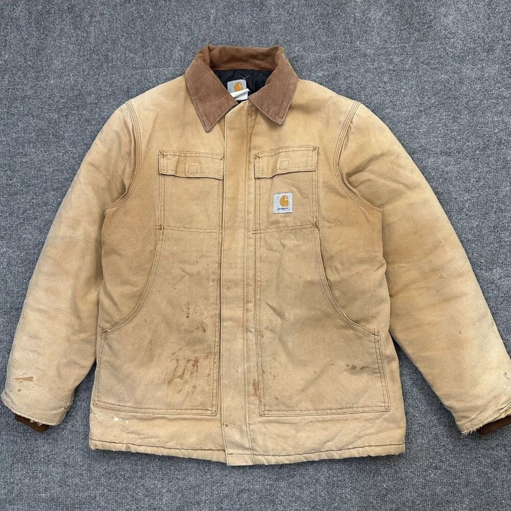 VTG Carhartt Mens Heavy Khaki Canvas Barn Coat Size 42 Regular Made In USA CO186